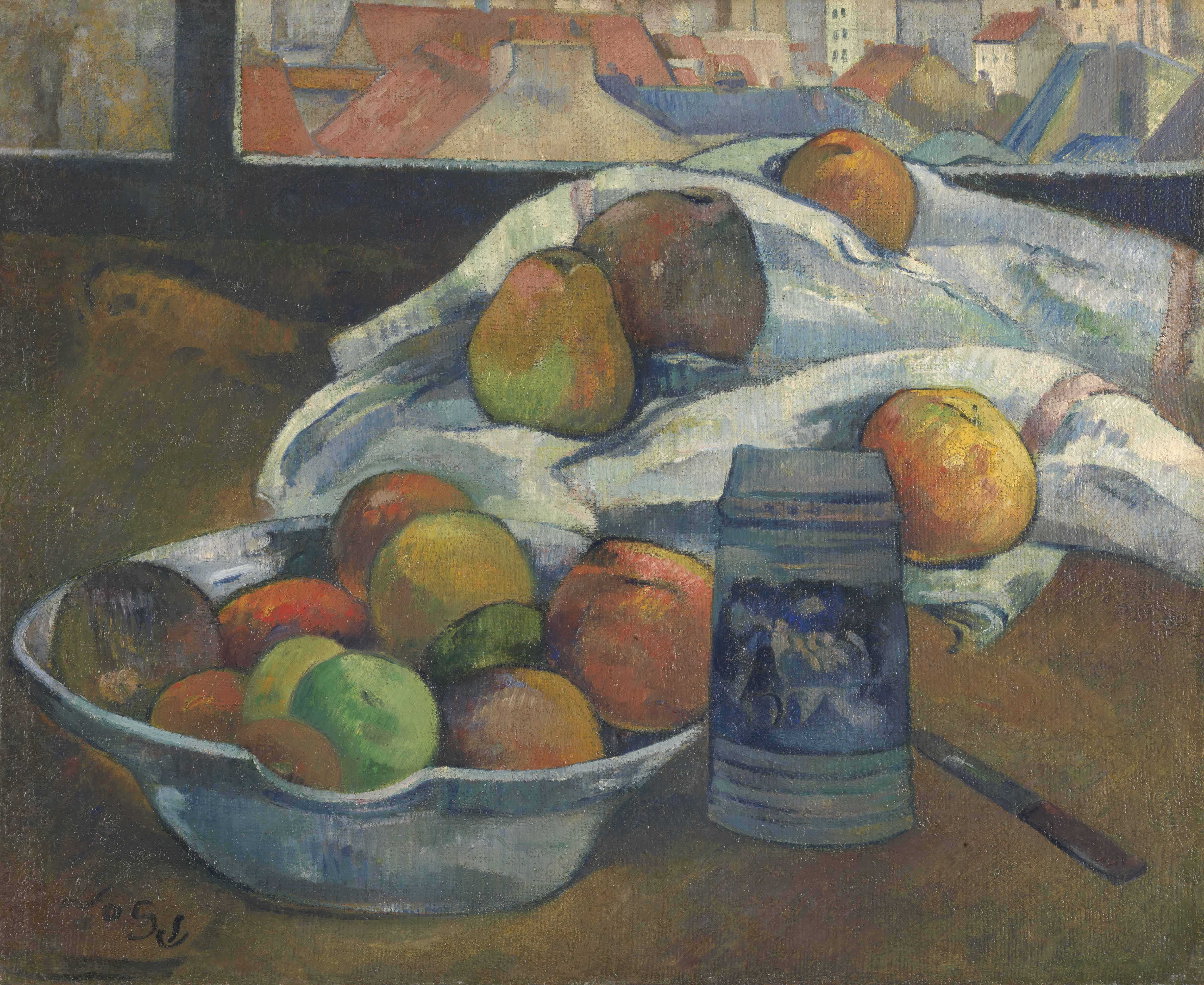 保 羅 ． 高 更 （ 1 8 4 8 - 1 9 0 3 ） 作 品 〈 窗 前 的 果 盆 和 啤 酒 杯 〉 ， 約 1 8 9 0 年 創 作 。 圖 片 版 權 ： 英 國 國 家 藝 廊 