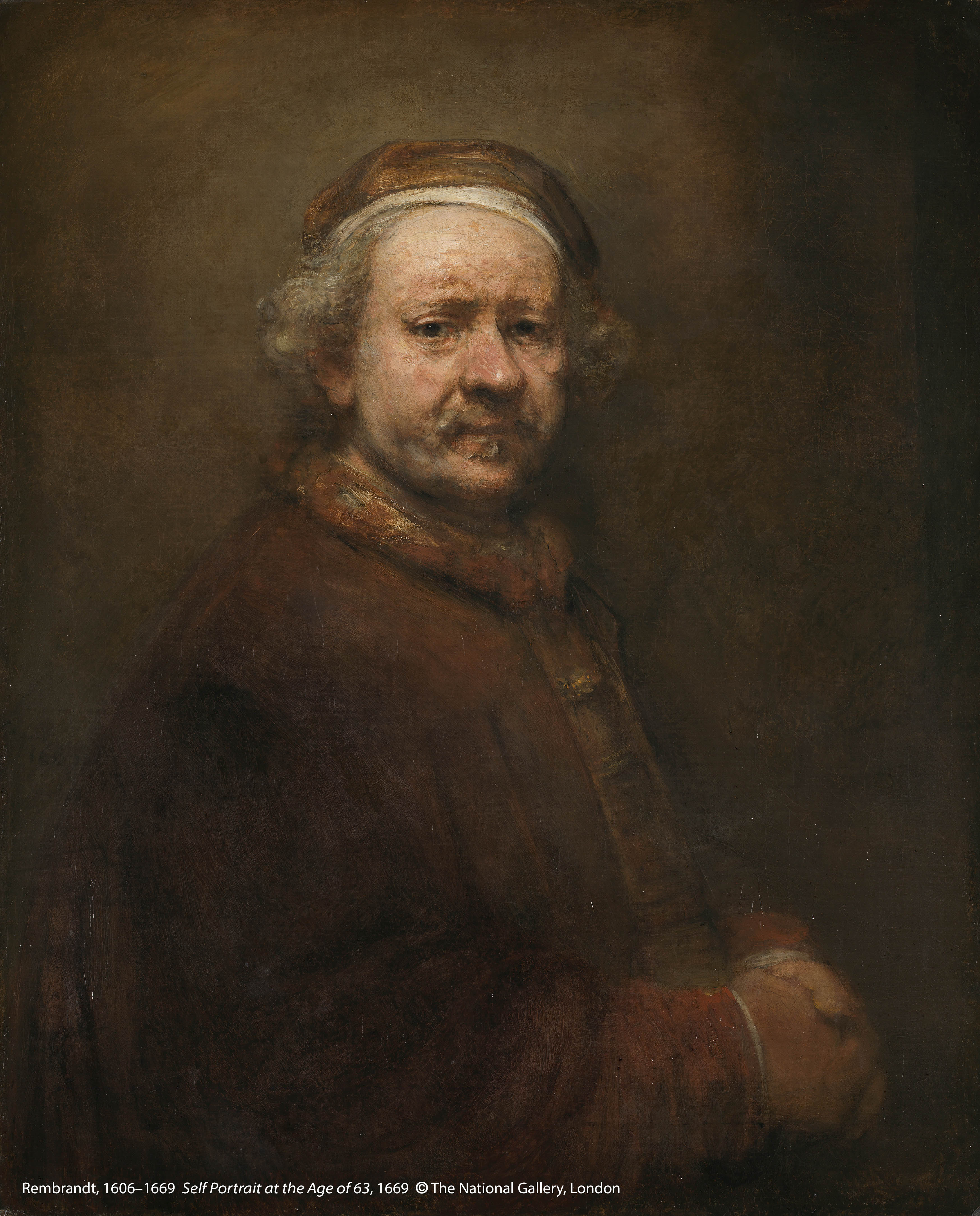 林 布 蘭 （ 1 6 0 6 - 1 6 6 9 ） 作 品 〈 六 十 三 歲 自 畫 像 〉 ， 1 6 6 9 年 創 作 。 圖 片 版 權 ： 英 國 國 家 藝 廊 