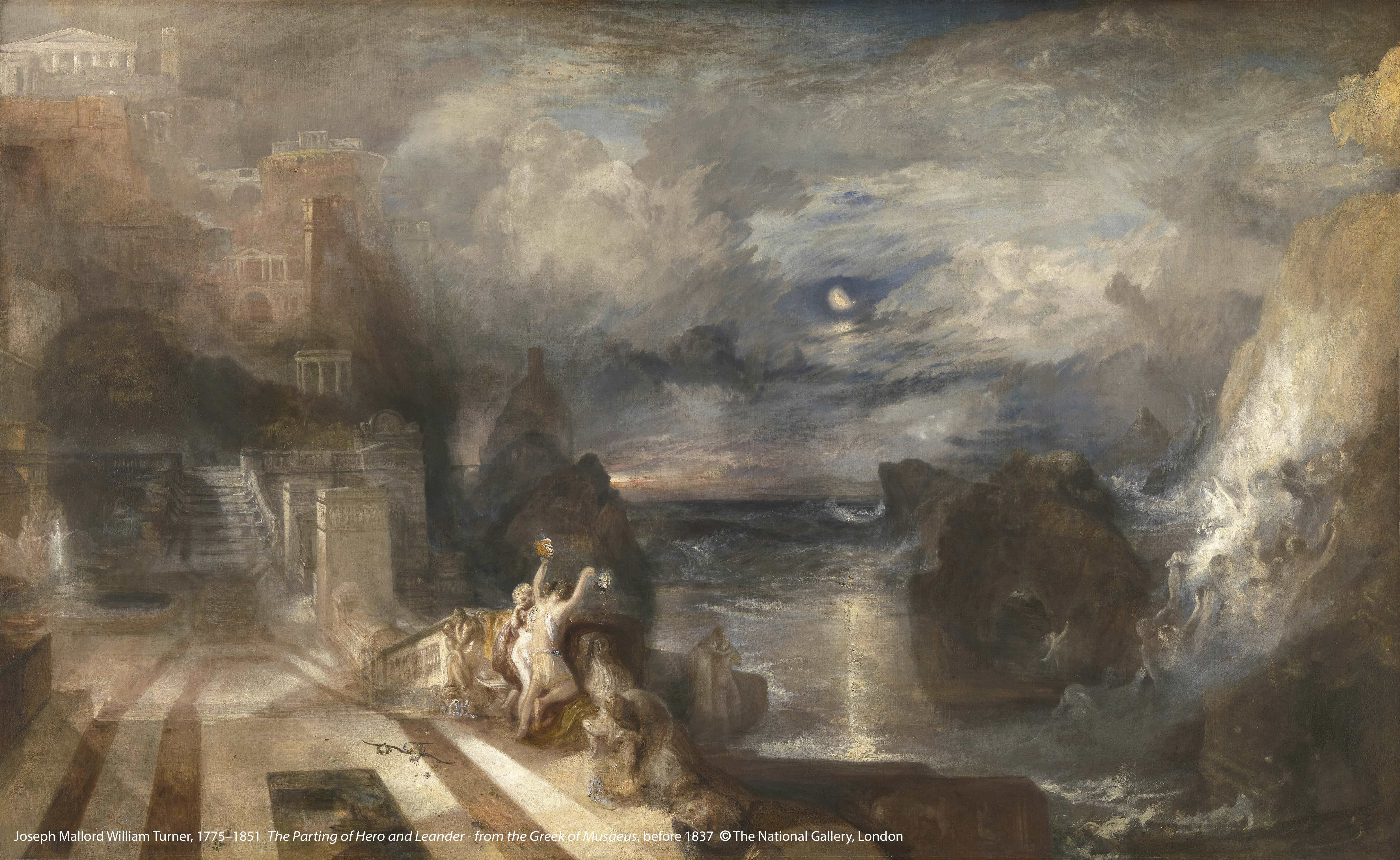 約 瑟 夫 ． 瑪 羅 德 ． 威 廉 ． 透 納 （ 1 7 7 5 - 1 8 5 1 ） 作 品 〈 海 洛 和 利 安 德 的 離 別 〉 （ 出 自 希 臘 詩 人 穆 塞 厄 斯 ） ， 1 8 3 7 年 之 前 創 作 。 圖 / 英 國 國 家 藝 廊 、 奇 美 博 物 館 提 供 